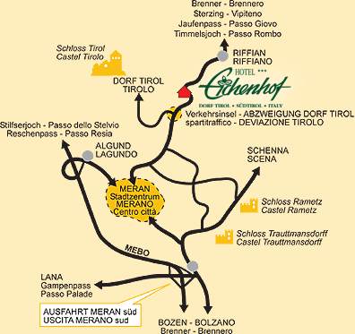 Anfahrtsskizze Dorf Tirol Hotel Eichenhof